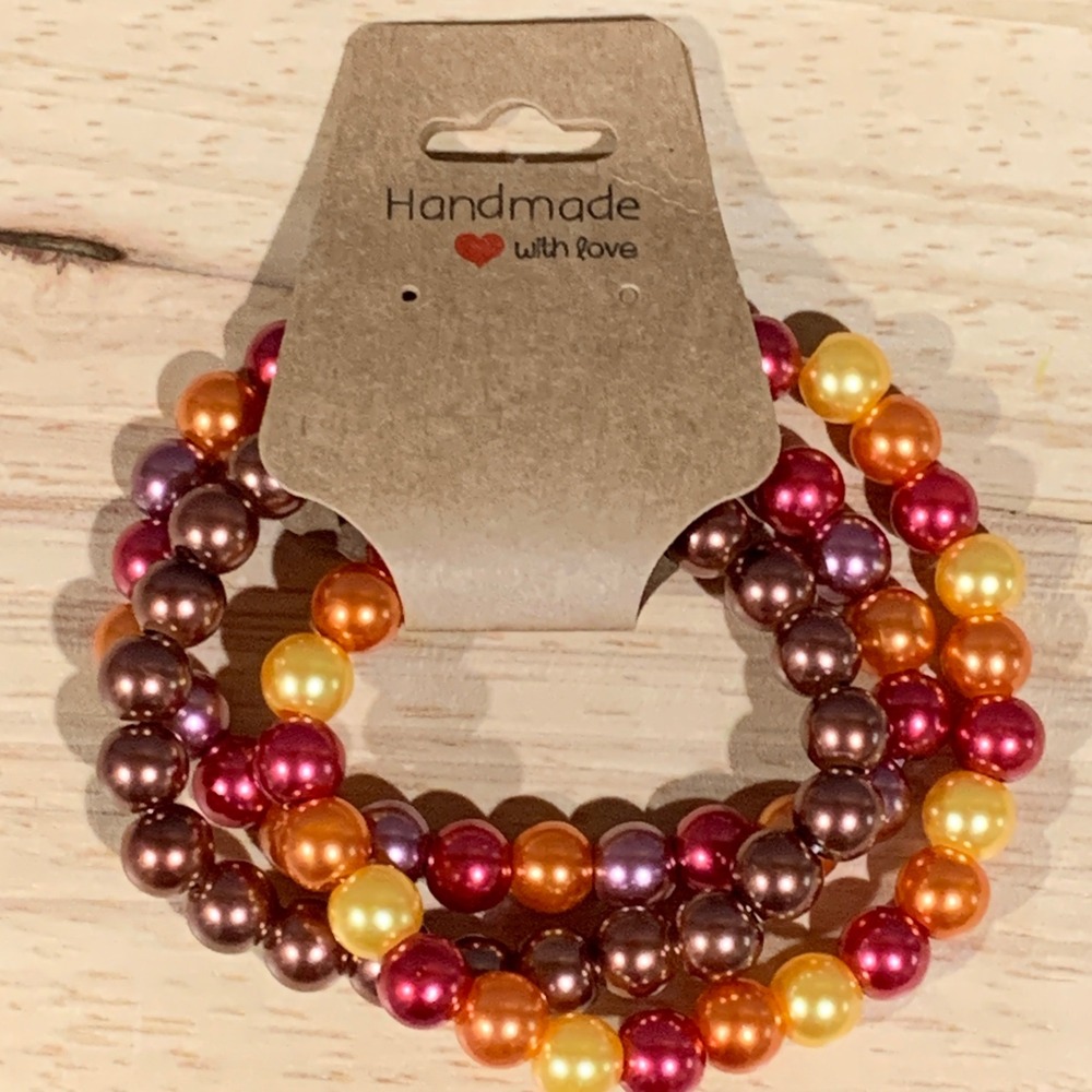 Handmade Stretch Bracelet Set Women OS 3PC Faux Pearl Orange Red Brown Fall Boho